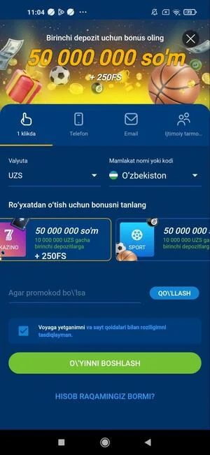 Yangi hisob qaydini ro‘yxatdan o‘tkazish Mostbet